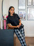 Women summer pajama set Black Tee + Black X White Glen Plaid Pants